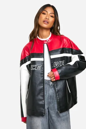 Moto Contrast Detail Oversized Faux Leather Jacket