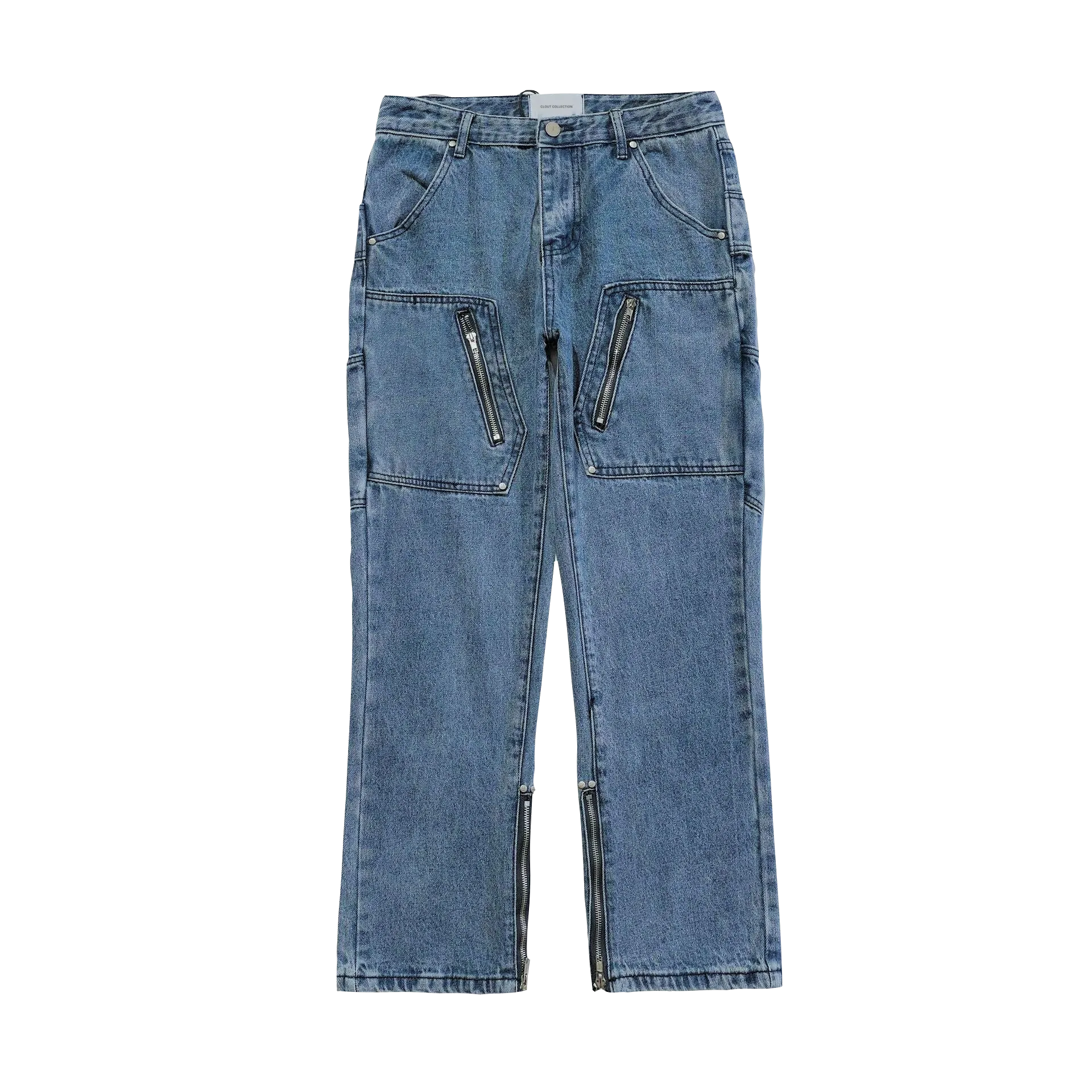 Multi-Zip Vintage Wash Denim Cargo Jeans