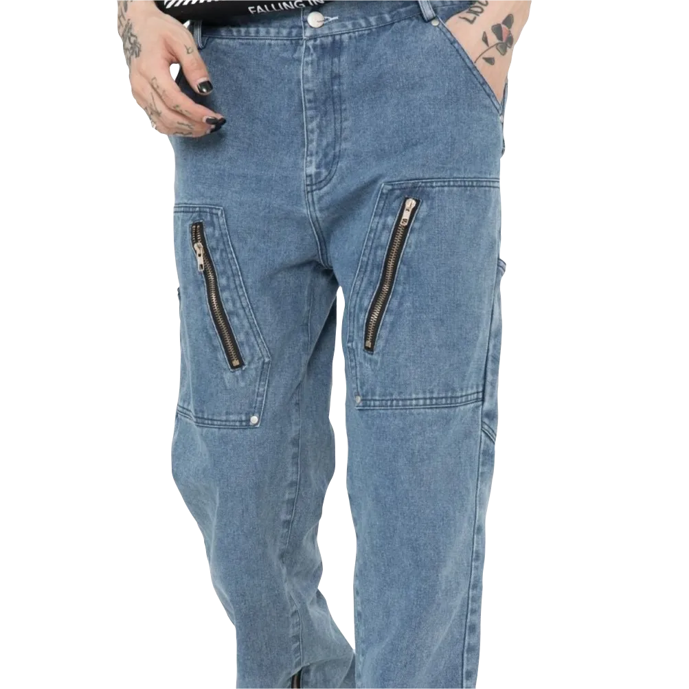 Multi-Zip Vintage Wash Denim Cargo Jeans