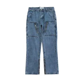 Multi-Zip Vintage Wash Denim Cargo Jeans