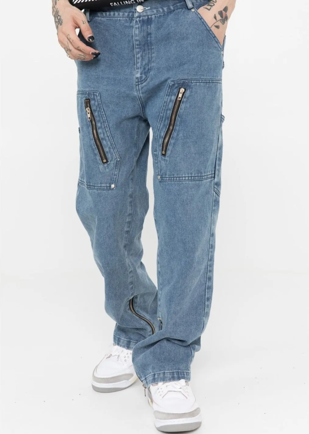 Multi-Zip Vintage Wash Denim Cargo Jeans