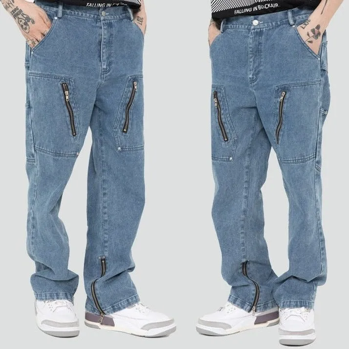 Multi-Zip Vintage Wash Denim Cargo Jeans