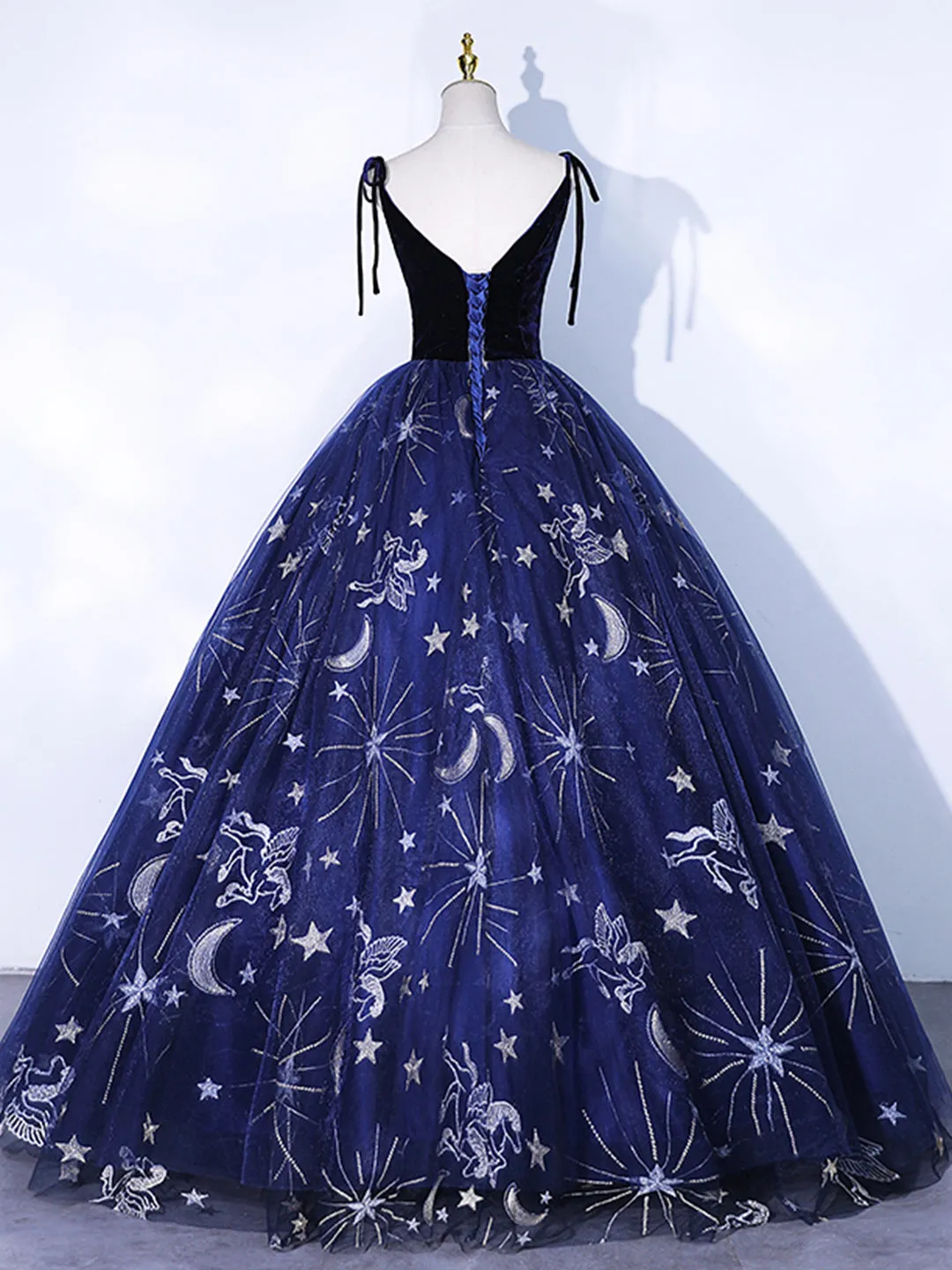 Navy Blue Tulle Long Prom Dress, Spaghetti Straps Lace Flower Backless Evening Dress