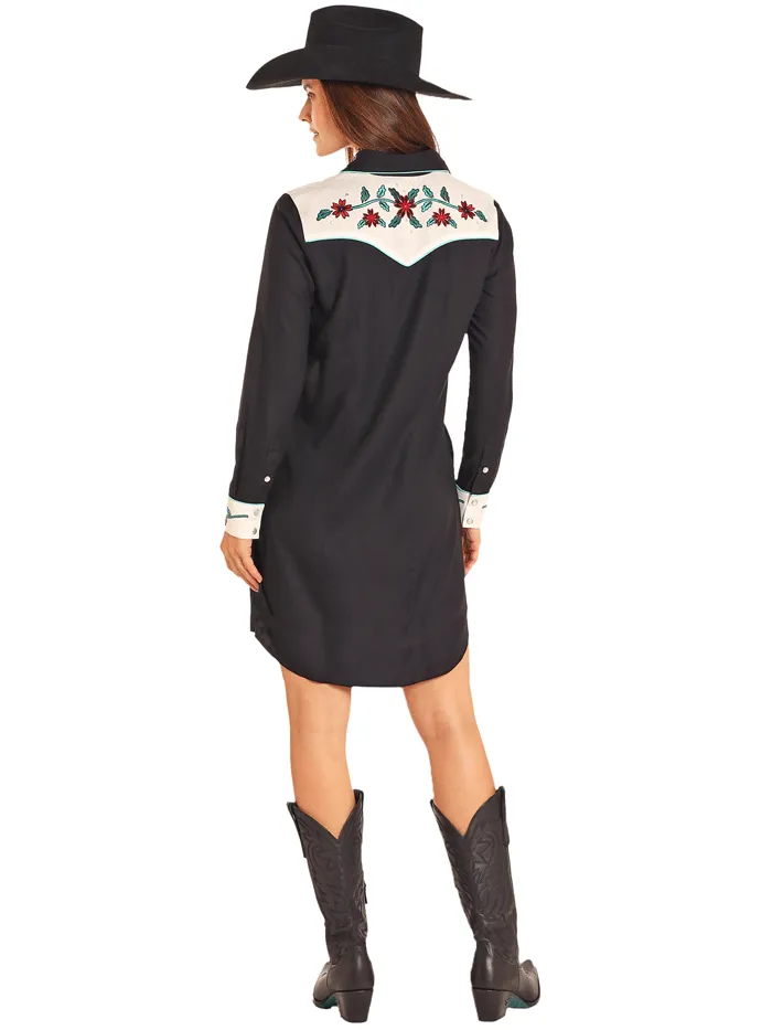 Panhandle LWD2R04664 Womens Long Sleeve Yoked Snap Embroidered Dress Black