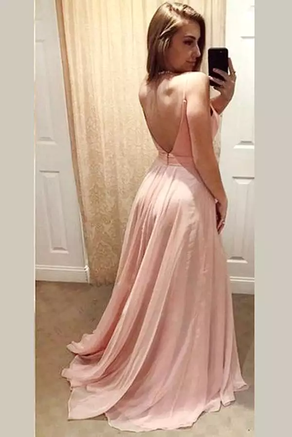 Pink A Line Floor Length Sweetheart Spaghetti Straps Backless Chiffon Prom Dresses