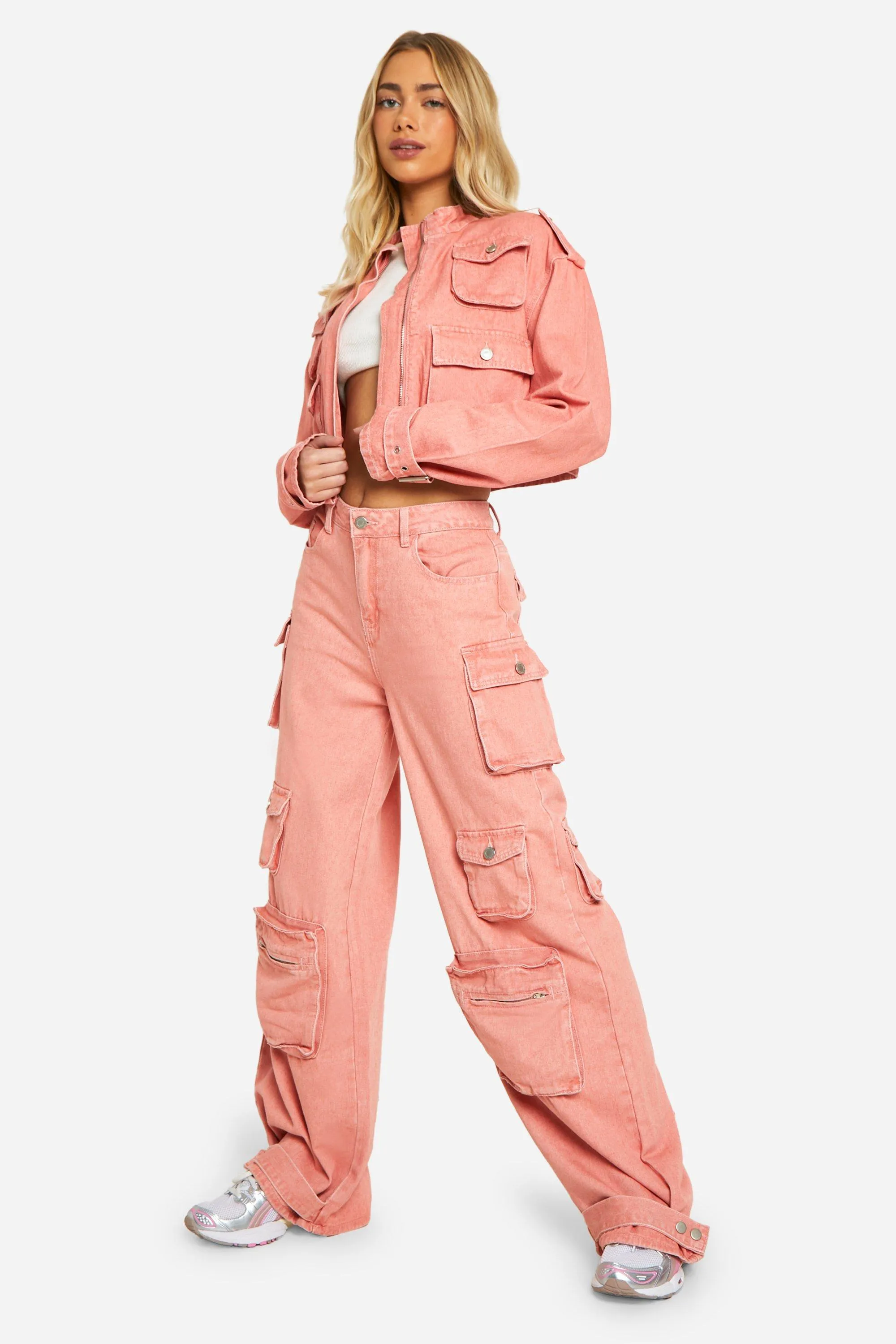 Pink Acid Wash Denim Cargo Jeans