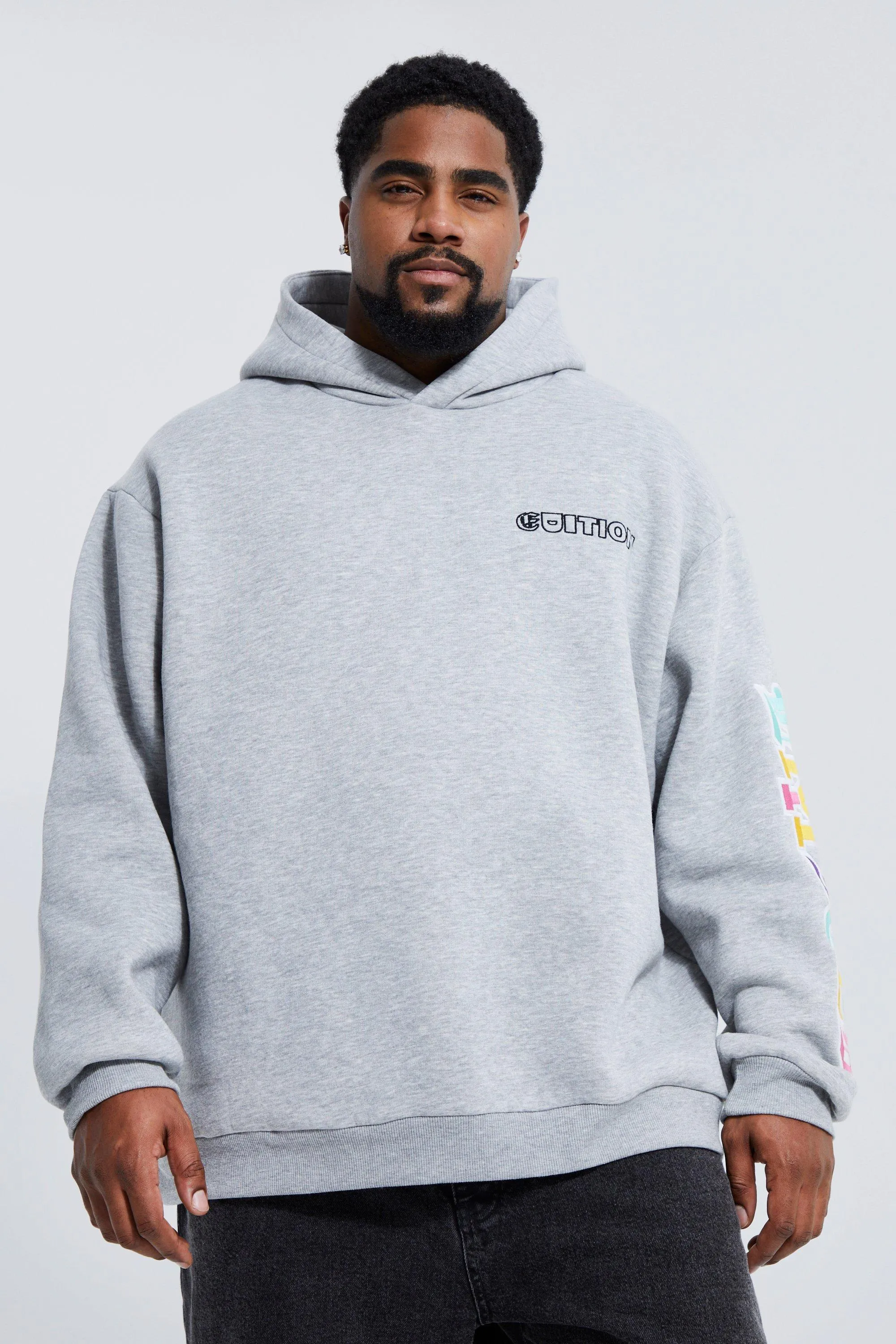 Plus Oversized Applique Badge Sleeve Hoodie | boohooMAN UK