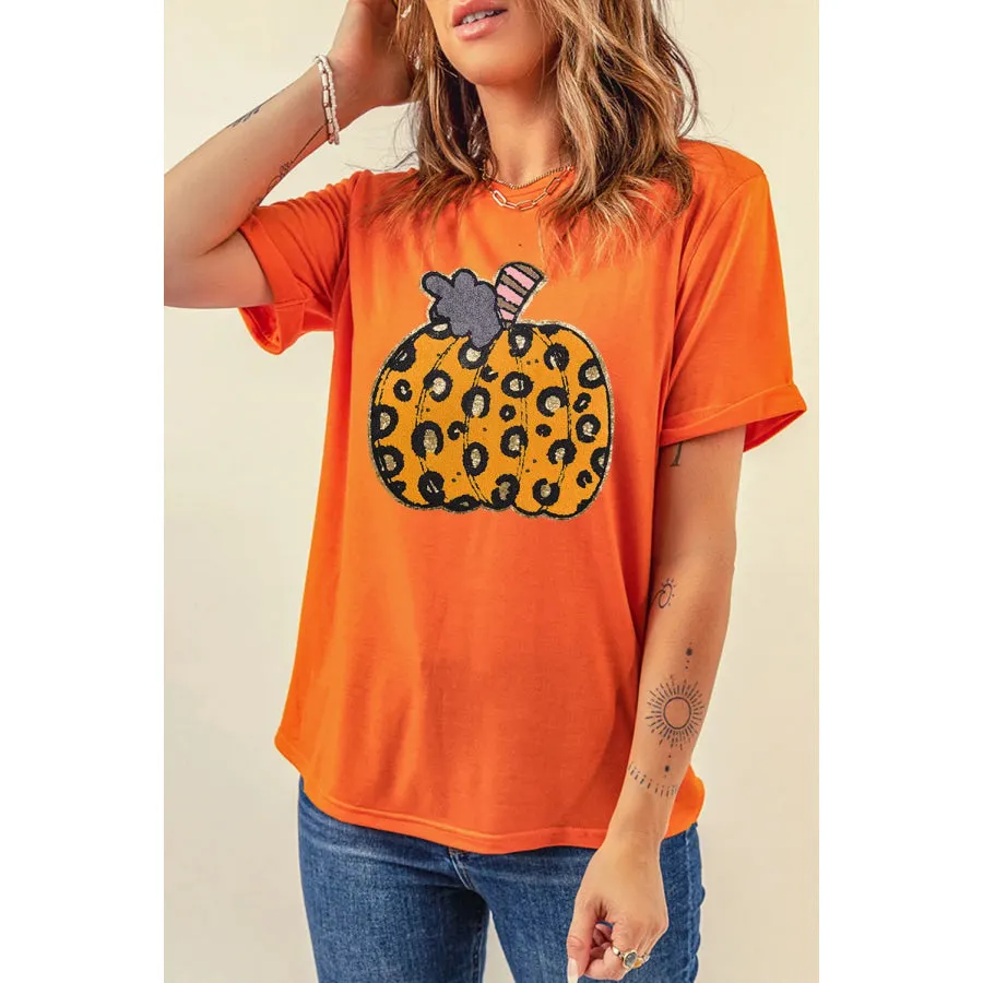 Pumpkin Round Neck Short Sleeve T-Shirt