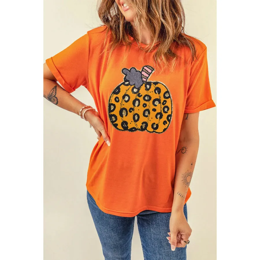 Pumpkin Round Neck Short Sleeve T-Shirt