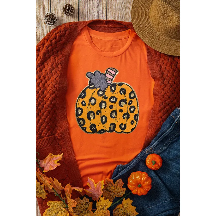 Pumpkin Round Neck Short Sleeve T-Shirt