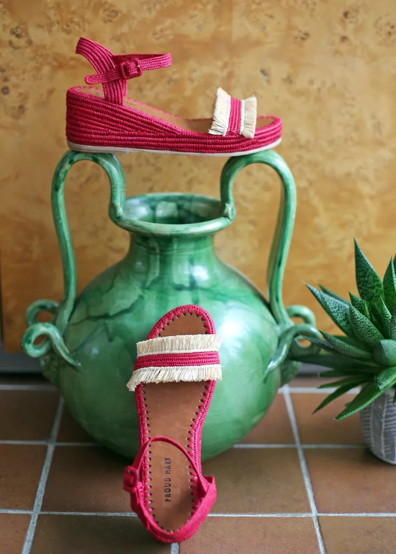 Raffia Wedge Fringe Sandal (Red with Natural Fringe)