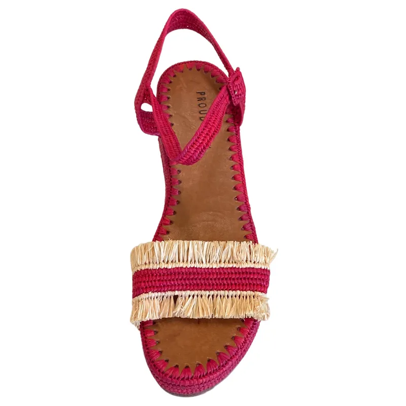 Raffia Wedge Fringe Sandal (Red with Natural Fringe)