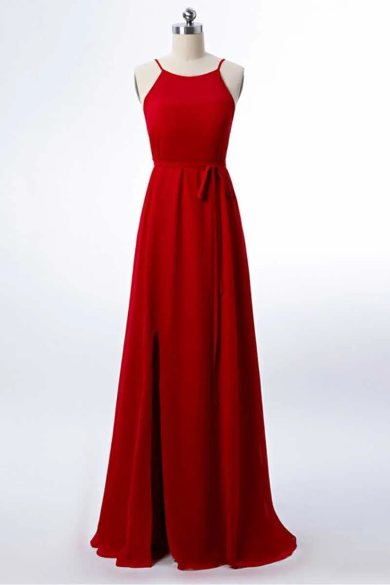 Red Chiffon Spaghetti Straps Backless A-Line Bridesmaid Dress with Slit