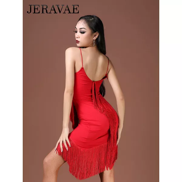 Red or Black Latin Practice Dress with Diagonal Layered Fringe and Spaghetti Straps PRA 798_sale