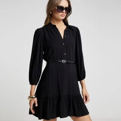 River Island Womens Black Belted Godet Shirt Dress