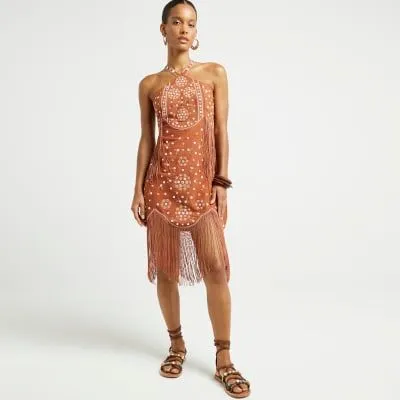 River Island Womens Rust Embellished Fringe Slip Mini Dress