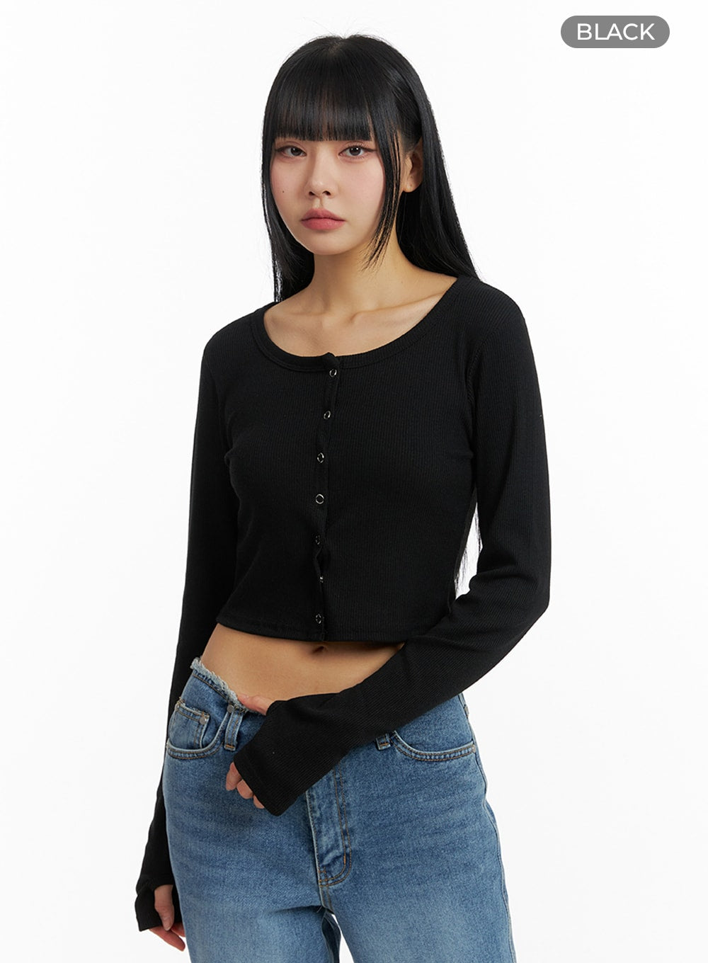 Round Neck Buttoned Long Sleeve Top IM414