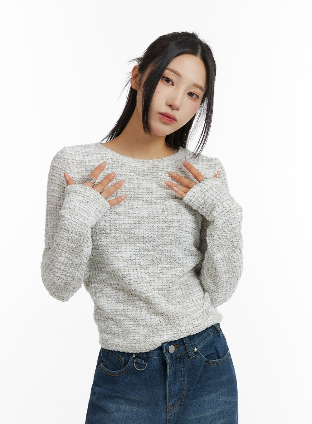 Round Neck Knitted Long Sleeve Top CJ417