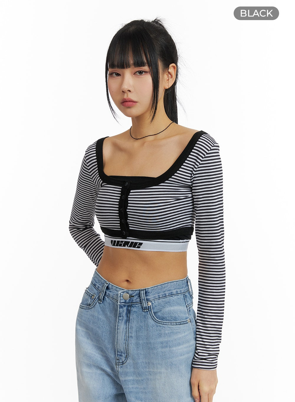 Round Neck Striped Long Sleeve Crop Top CM407