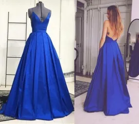 Royal Blue Spaghetti Straps Deep V neck Ball Gown Prom Dress with Crisscross Straps Back