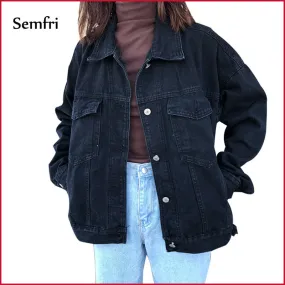 Semfri Jacket Women Black Denim Jacket Winter Jeans Coat Casual Harajuku Streetwear Female Vintage Jeans Coat Dropshipping