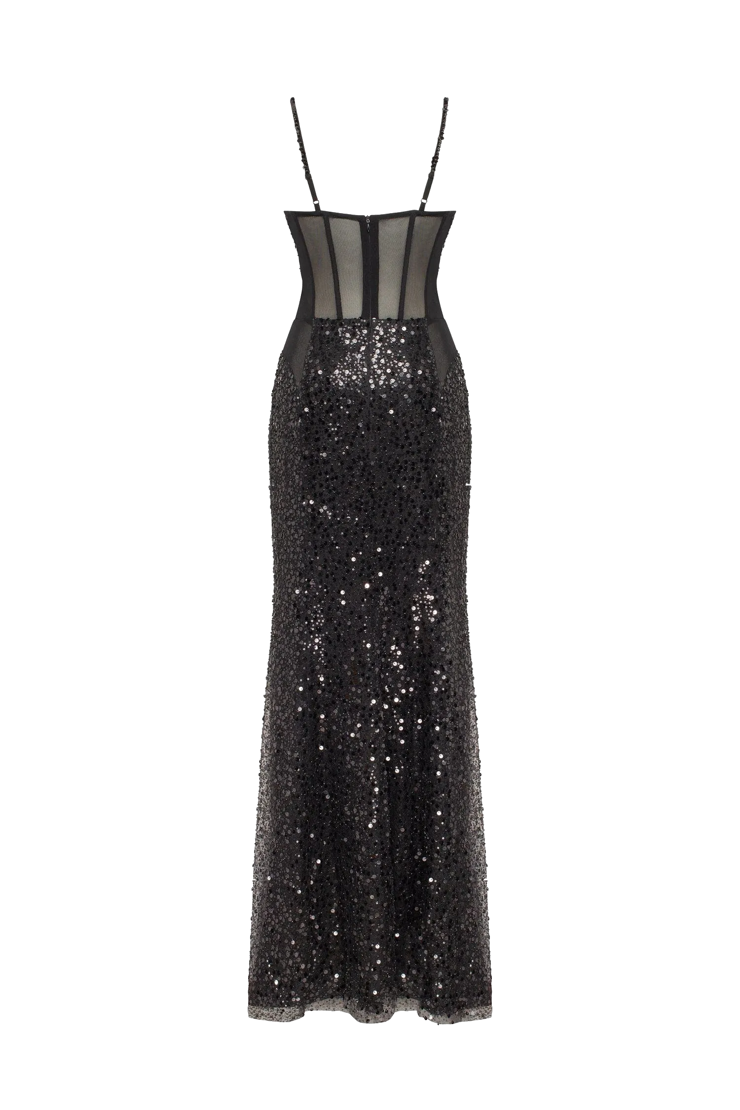 Sensational black maxi on spaghetti straps covered in sequins, Smoky Quartz