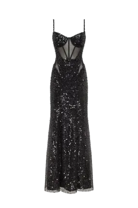 Sensational black maxi on spaghetti straps covered in sequins, Smoky Quartz