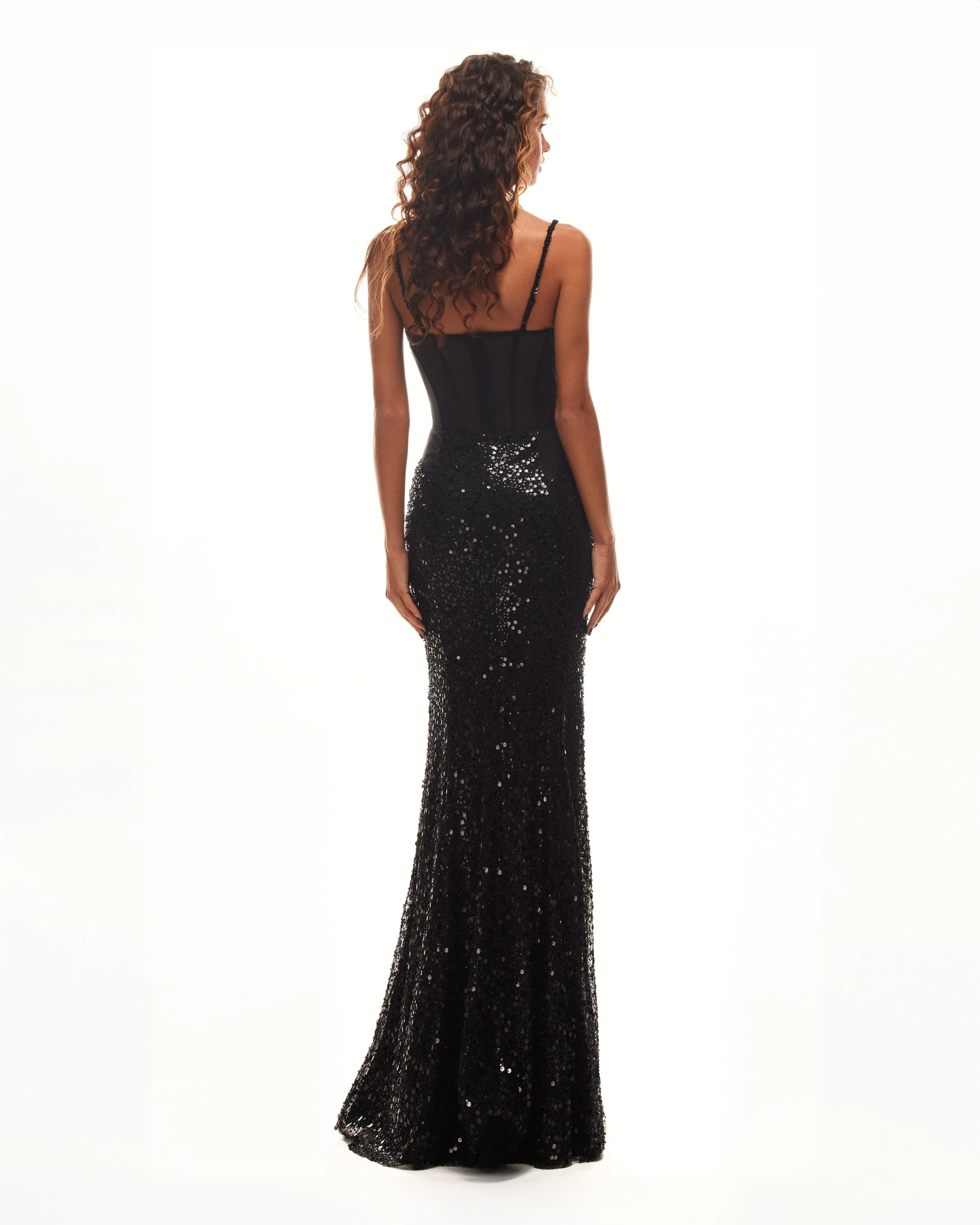 Sensational black maxi on spaghetti straps covered in sequins, Smoky Quartz