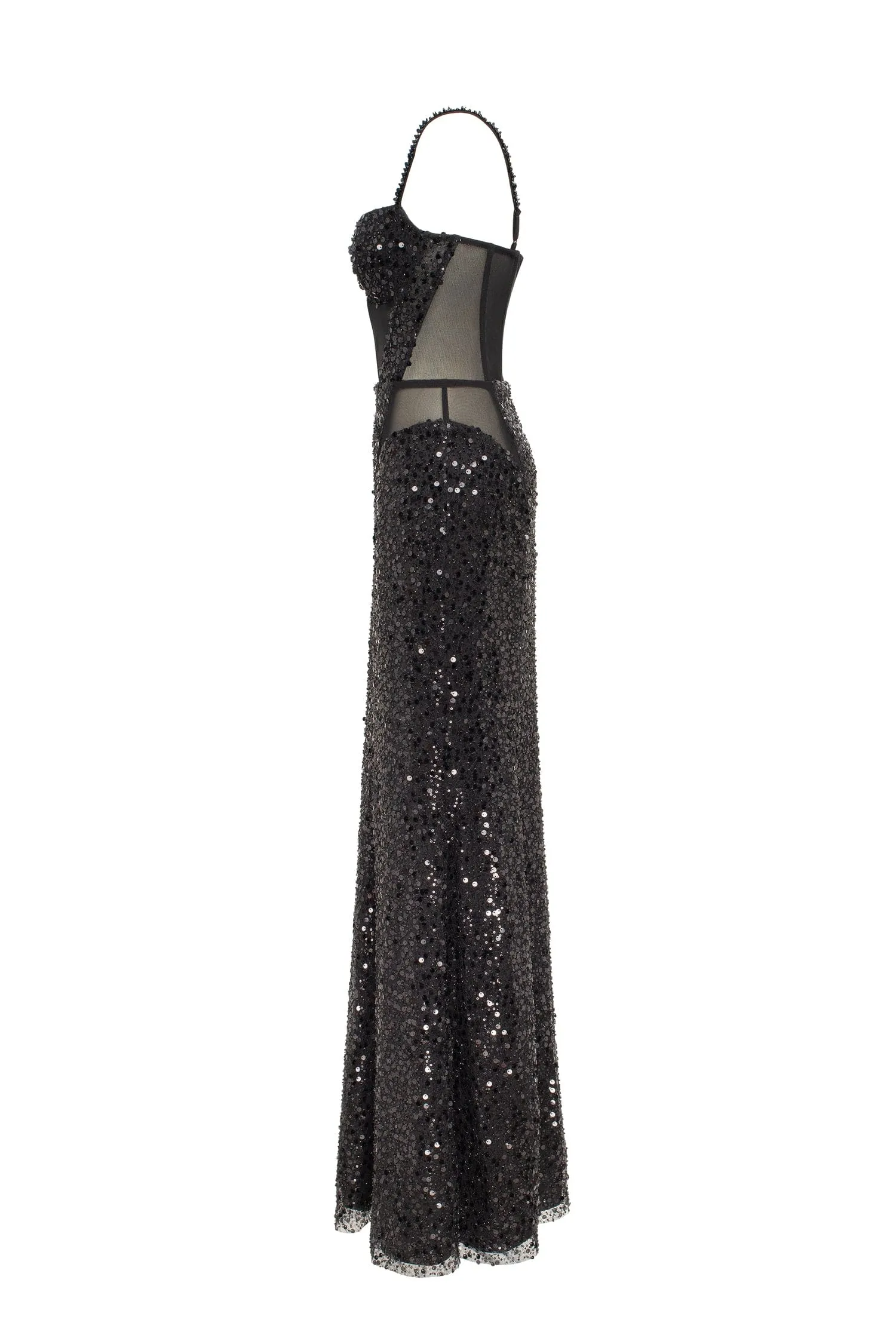 Sensational black maxi on spaghetti straps covered in sequins, Smoky Quartz