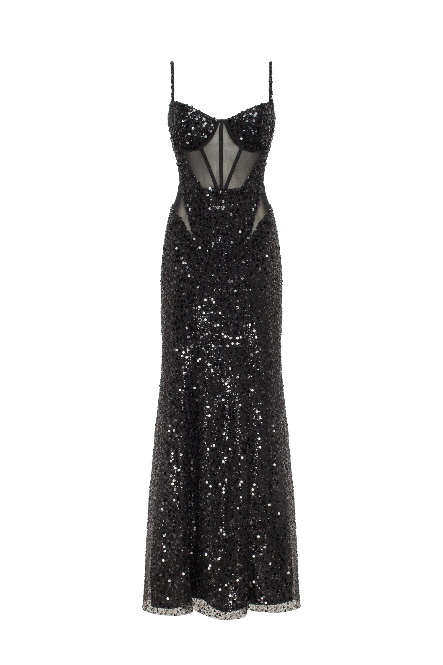 Sensational black maxi on spaghetti straps covered in sequins, Smoky Quartz