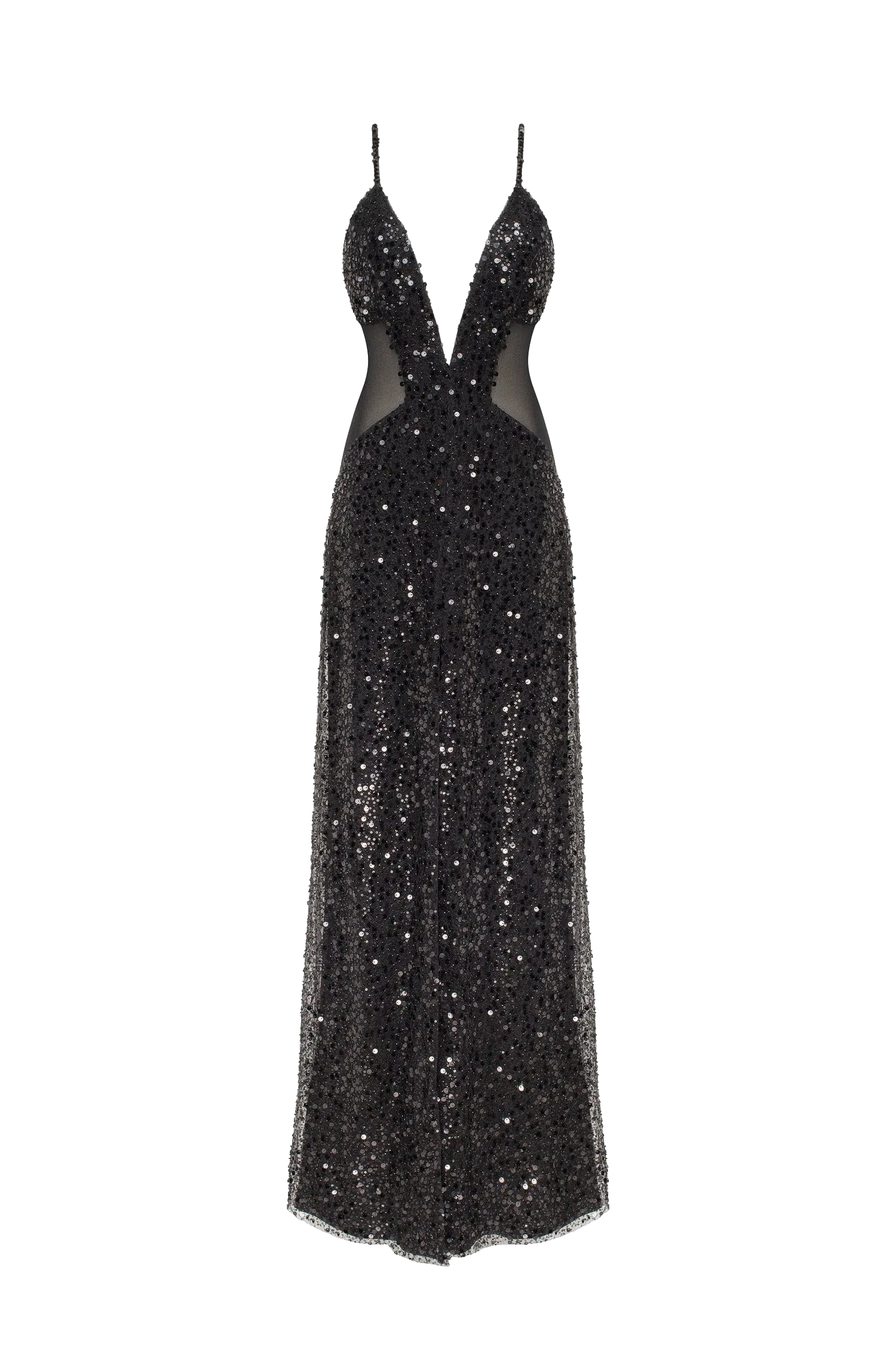 Sexy spaghetti straps black maxi covered in sequins, Smoky Quartz