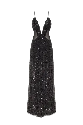 Sexy spaghetti straps black maxi covered in sequins, Smoky Quartz