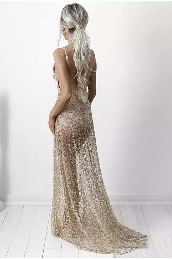 Sexy Spaghetti Straps V-neck Backless Long Prom Dresses