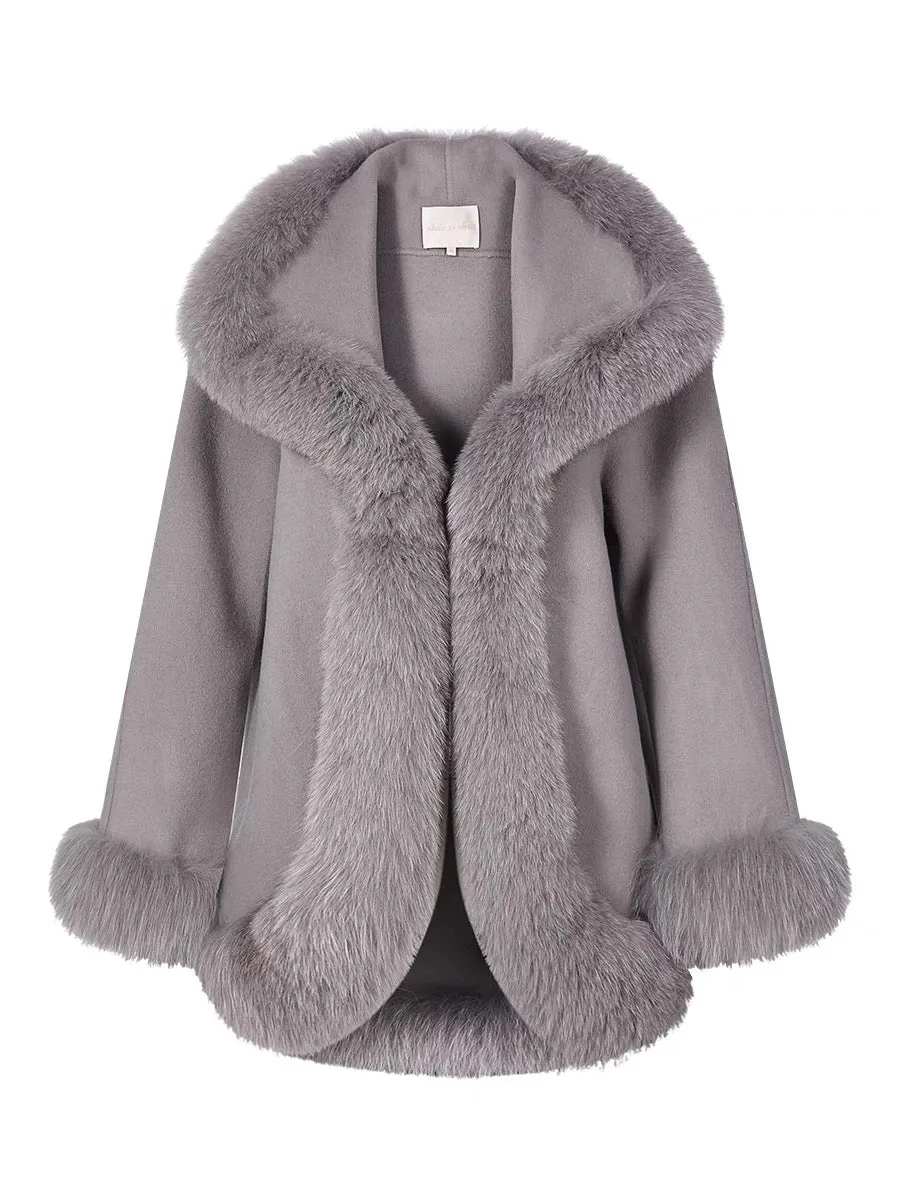 Shanxi said 100% wool double-sided woolen coat with fox fur lapel, noble temperament, elegant bell sleeves coat for women (B1318