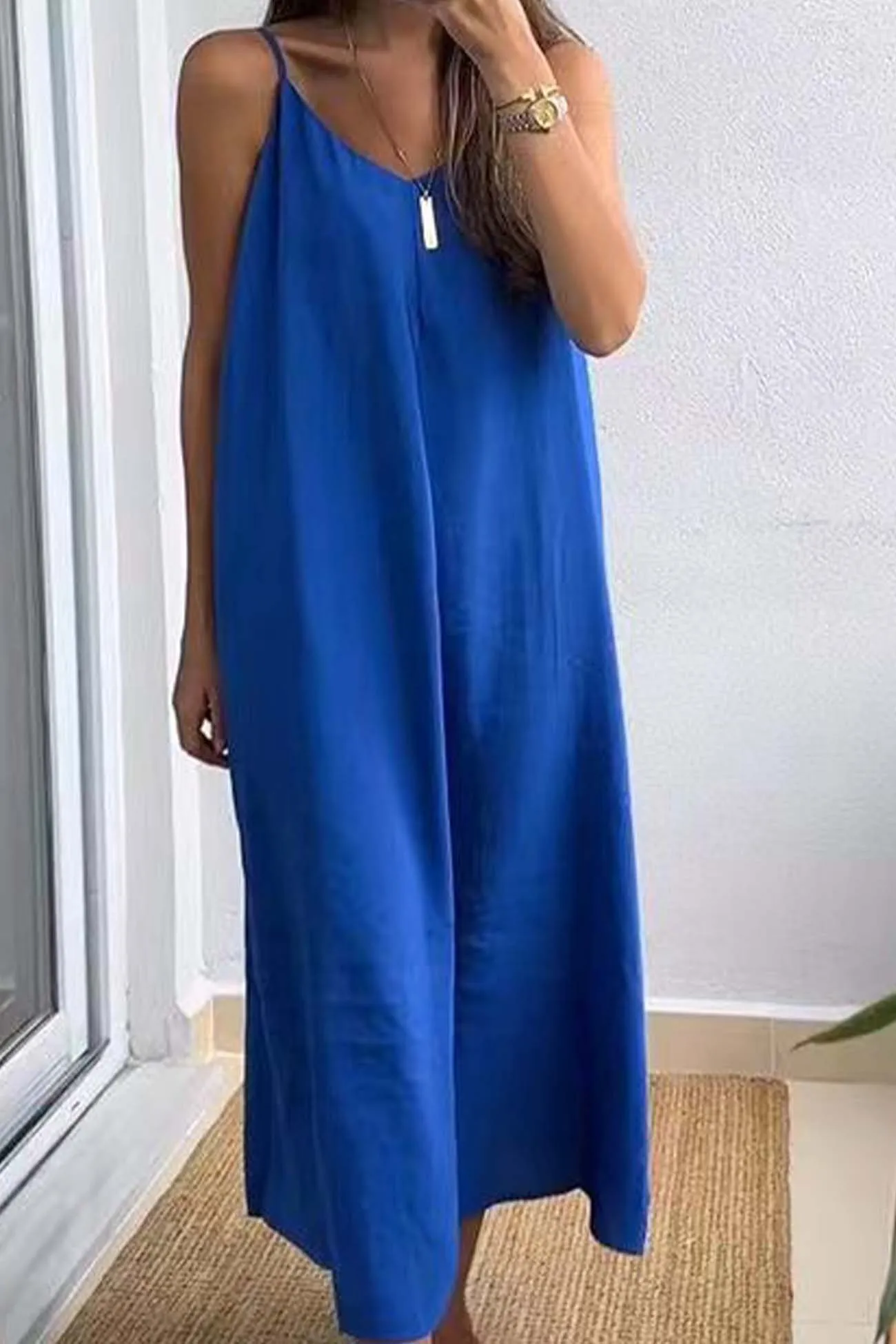 Solid Color Spaghetti Straps Loose Midi Dress