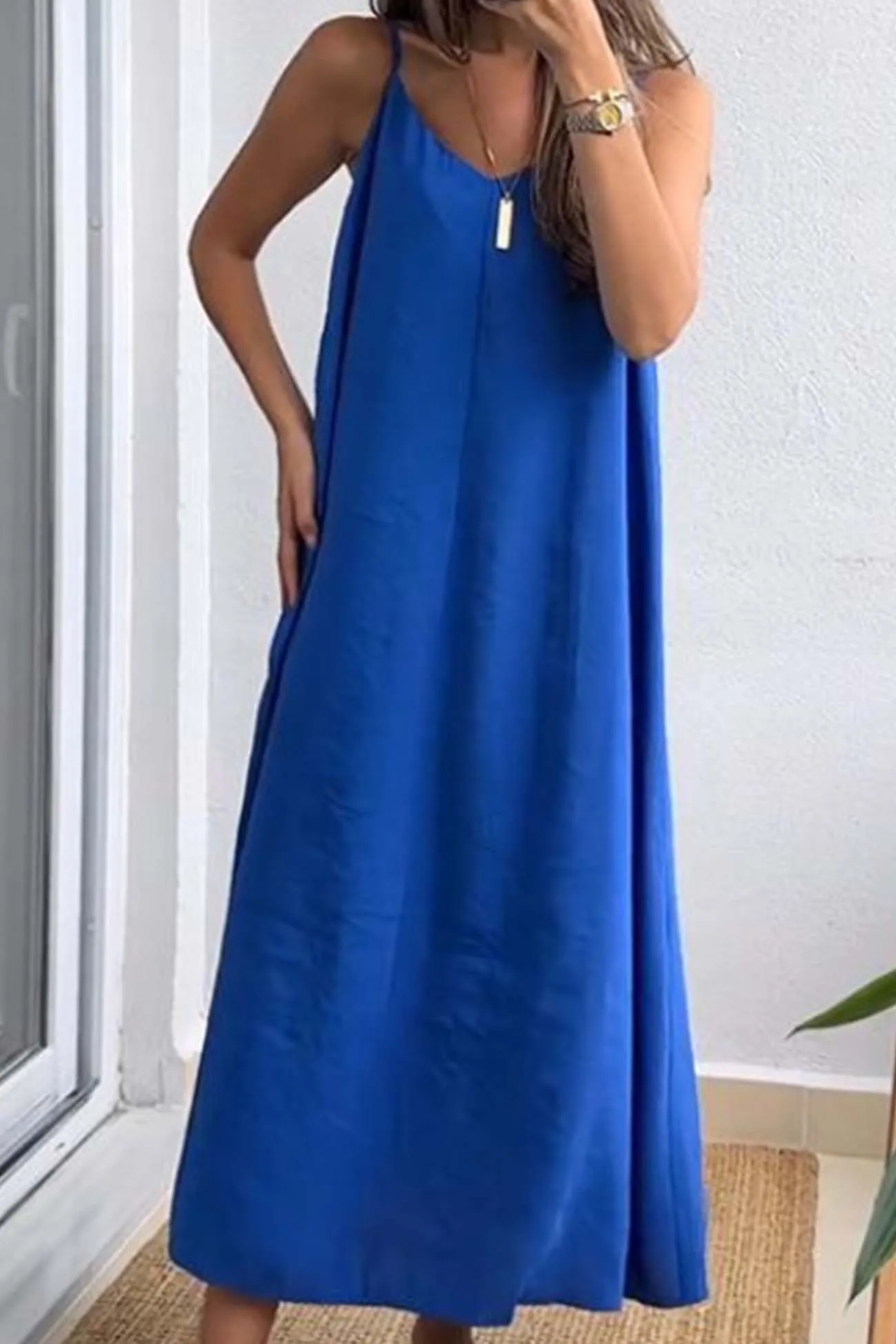 Solid Color Spaghetti Straps Loose Midi Dress