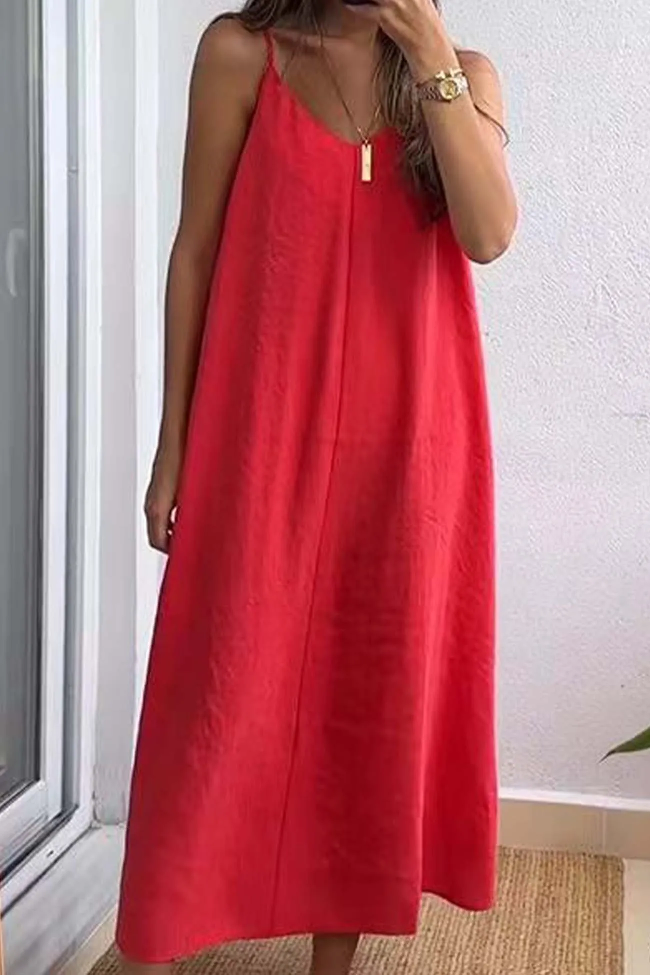 Solid Color Spaghetti Straps Loose Midi Dress