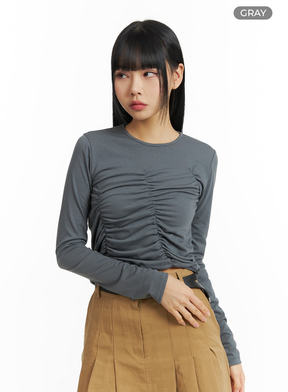 Solid Round Neck Ruched Long Sleeve Top CM407