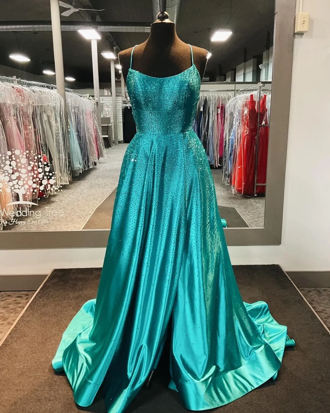 Spaghetti Straps Beaded Teal Blue A-line Long Formal Dress