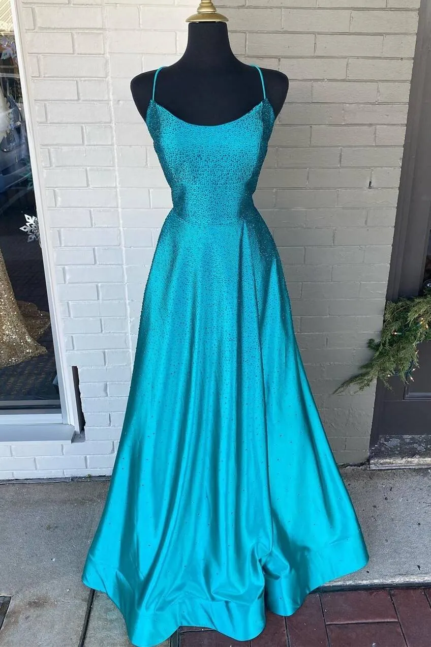 Spaghetti Straps Beaded Teal Blue A-line Long Formal Dress