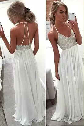 Spaghetti Straps Floor Length Low Back Beading Beach Wedding Dresses