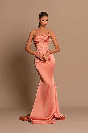 Spaghetti Straps Satin Pleated Mermaid Long Bridesmaid Dress QB3056