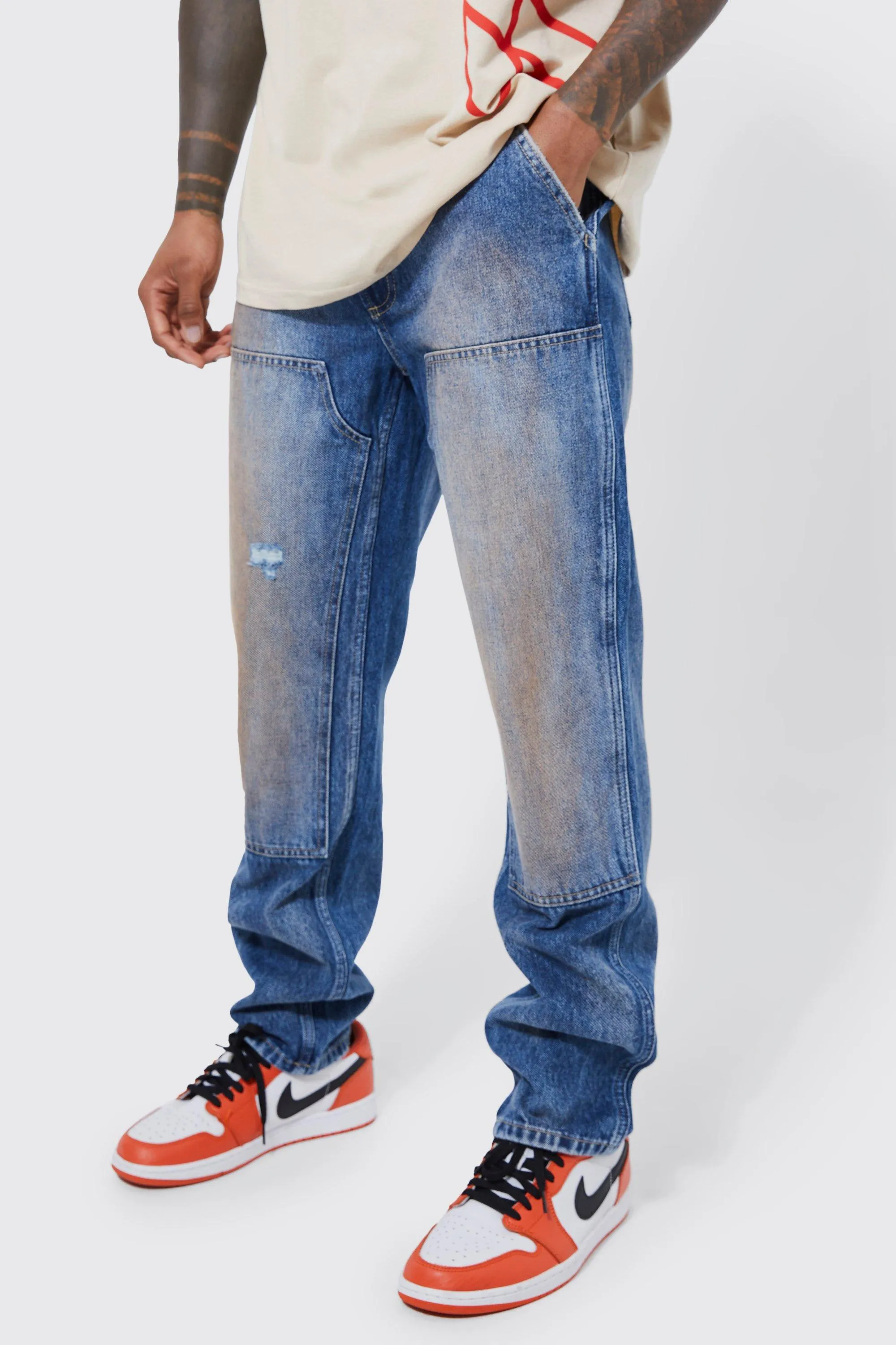 Straight Rigid Dirty Wash Carpenter Jeans | boohooMAN UK