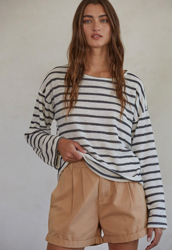 Striped Round Neck Top - Black Ivory