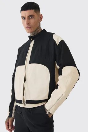 Tall Boxy Twill Homme Moto Jacket In Ecru