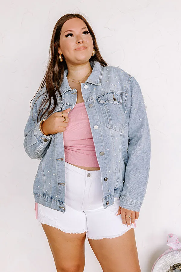 The Juni Embellished Denim Jacket In Light Wash Curves