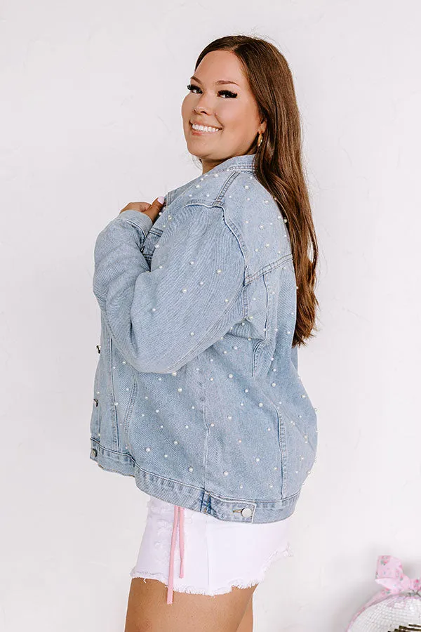 The Juni Embellished Denim Jacket In Light Wash Curves