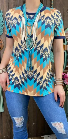 Turquoise, Tan & Blue Tribal short sleeve top