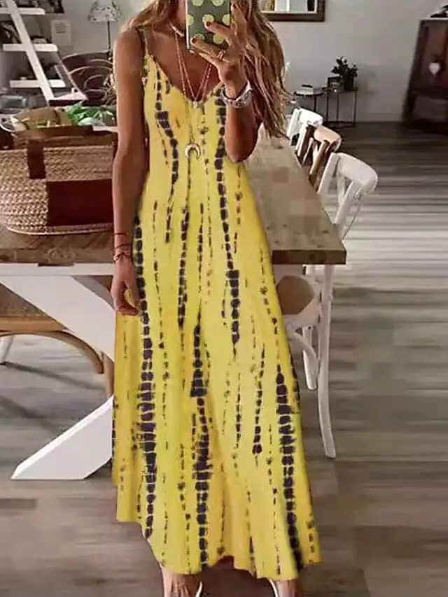 Versatile Women's A Line Maxi Dress with Spaghetti Straps and Elegant Print