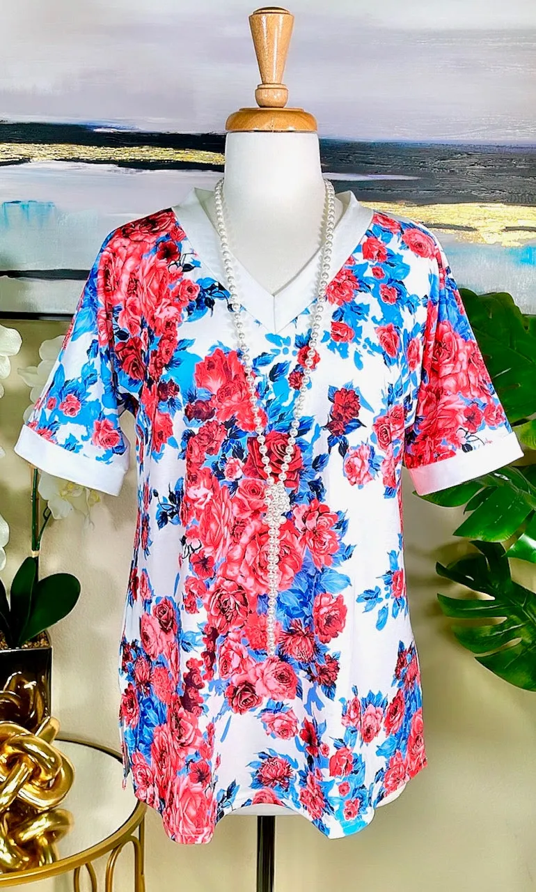 White V-Neck Top with Pink & Blue floral print